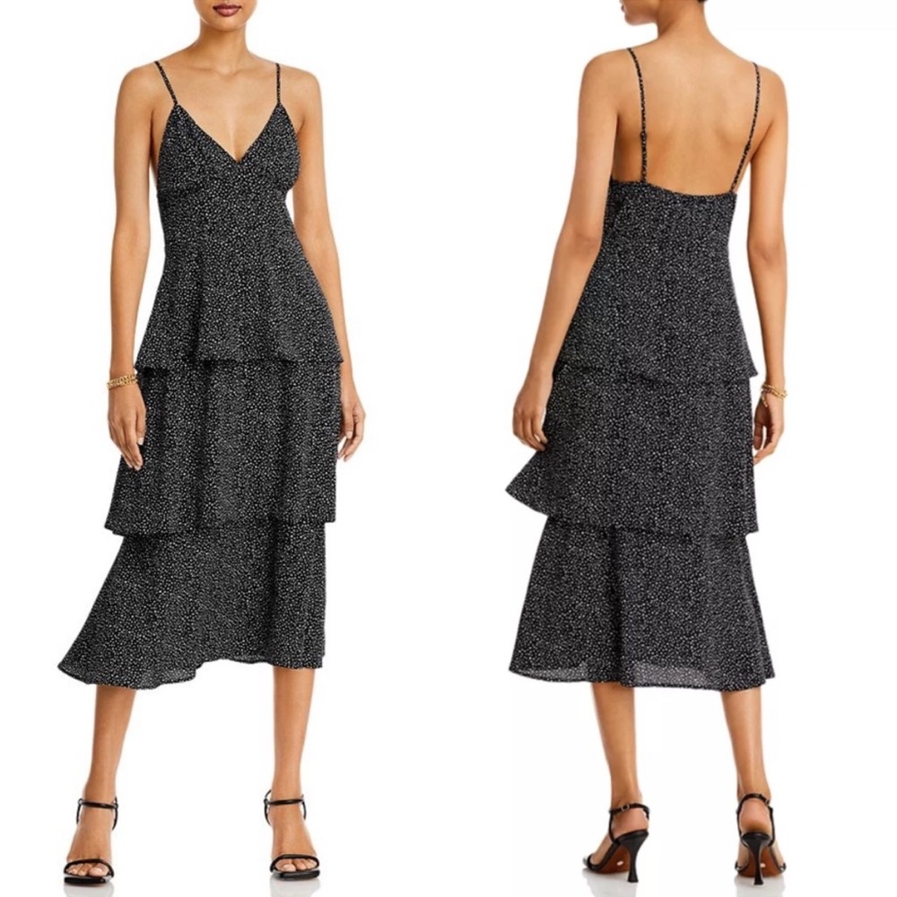 Bloomingdale’s Aqua Black & White Polka Dot Midi Tiered Dress